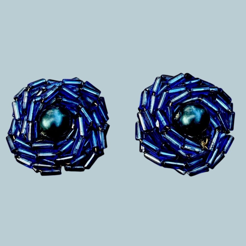 Vintage Blue Beaded Clip-On Earrings with Faux Pearl Center Mid-Century Korea